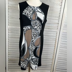 DRESS BARN Sleeveless Sheath Dress Stretchy Black w Chain & Animal Print-14